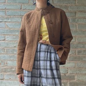 Vintage Quilted Jacket Brown 90s Stand Collar Boxy Dress Barn Stitched Coat